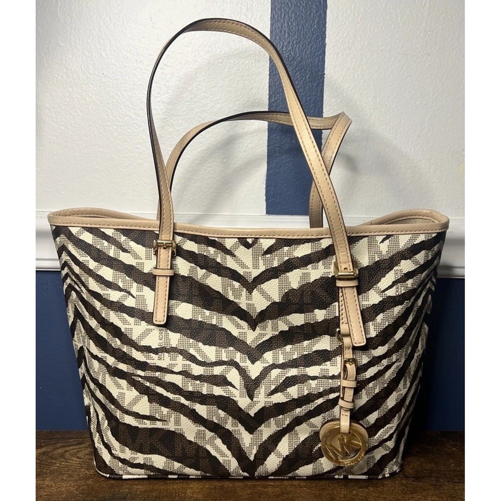 Michael Kors Zebra Animal Print Large Tote, Open Top, Lined Pockets, MK Charm